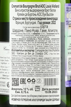 Louis Violland Cremant de Bourgogne AOC - вино игристое Луи Вьолан Креман де Бургонь АОС 2022 год 0.75 л белое брют