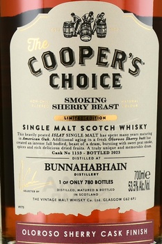 The Cooper’s Choice Bunnahabhain Smoking Sherry Beast Oloroso Single Malt Scotch Whisky - виски Зе Куперс Чойс Буннахабен Смокинг Шерри Бист Олоросо Сингл Молт Скоч Виски 0.7 л в п/у