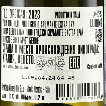 Pinot Grigio Spumante Extra Dry Villa degli Olmi - вино игристое Пино Гриджо Спуманте Экстра Драй Вилла дельи Олми 0.2 л белое брют