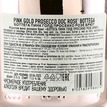 Bottega Pink Gold Prosecco Rose Brut - вино игристое Боттега Пинк Голд Просекко Розе Брют 2022 год 0.75 л розовое брют в п/у