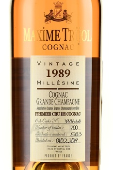 Maxime Trijol Grande Champagne Premier Cru de Cognac 1989 - коньяк Максим Трижоль Гранд Шампань Премье Крю де Коньяк 1989 год 0.7 л в д/у