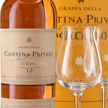 Cantina Privata Bocchino 12 anni - граппа Кантина Привата Боккино 12 лет 0.7 л в п/у + 2 бокала