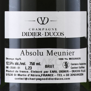 Champagne Didier-Ducos Absolu Meunier - шампанское Дидье-Дюко Абсолю Менье 0.75 л белое брют