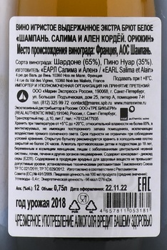 Champagne Salima et Alain Cordeuil Origin - шампанское Шампань Салима и Ален Кордёй Орижин 0.75 л белое экстра брют