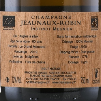 Jeaunaux-Robin Instinct Meunier Nature - шампанское Жано Робан Инстинкт Менье Натюр 0.75 л белое брют натюр
