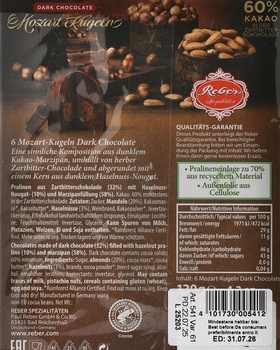 Шоколадные конфеты Ребел Моцарт горький с начинкой из орехового пралине и марципана 120 гр